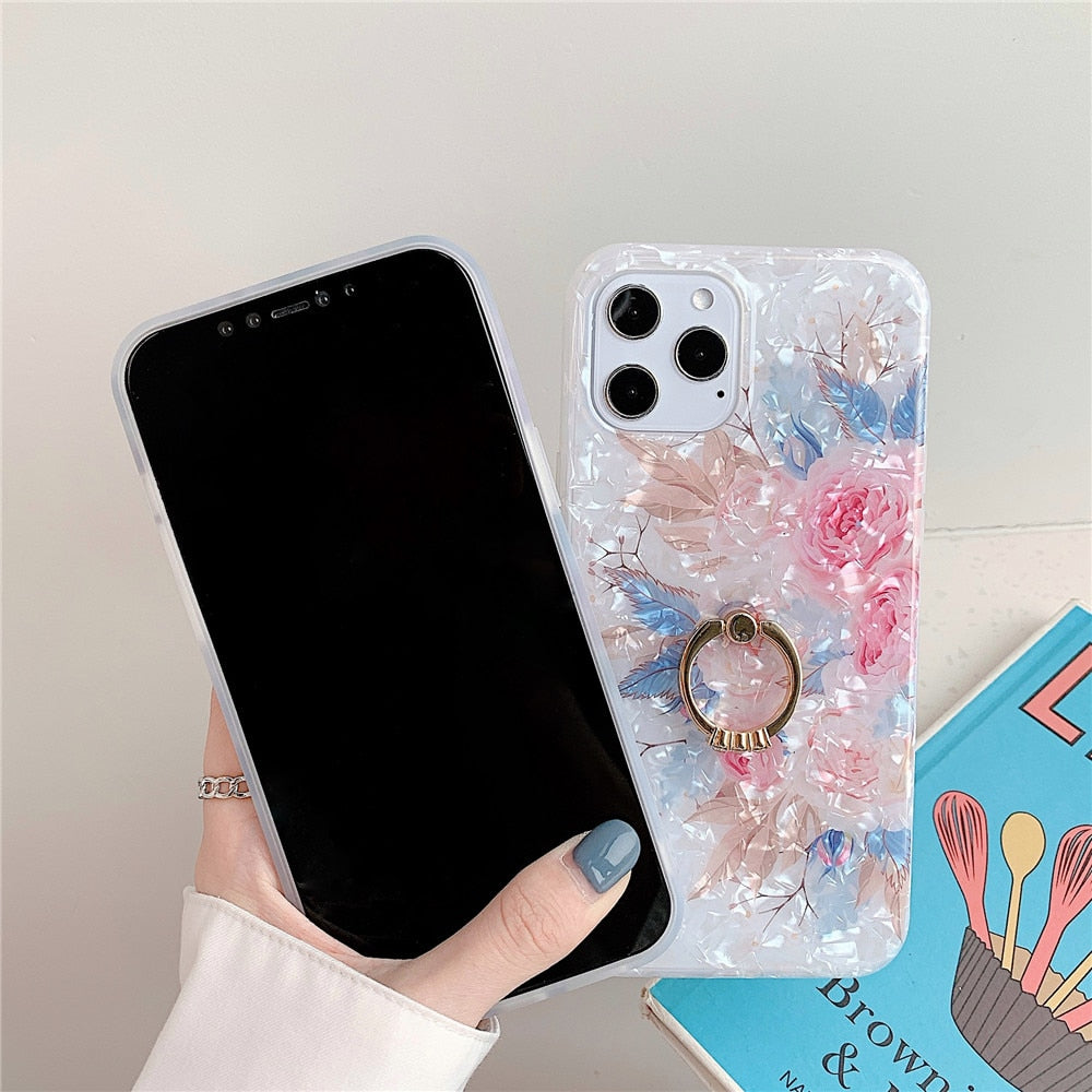 Anymob iPhone Rose Pink Shell Flowers Ring Stand Phone Cover With Ring Holder-Mobile Phone Cases-PEROZ Accessories