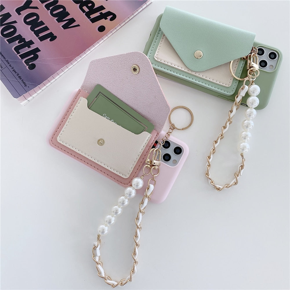 Anymob iPhone Case Green Pearl Bracelet Leather Card Package Soft Silicone Back Cover-Mobile Phone Cases-PEROZ Accessories