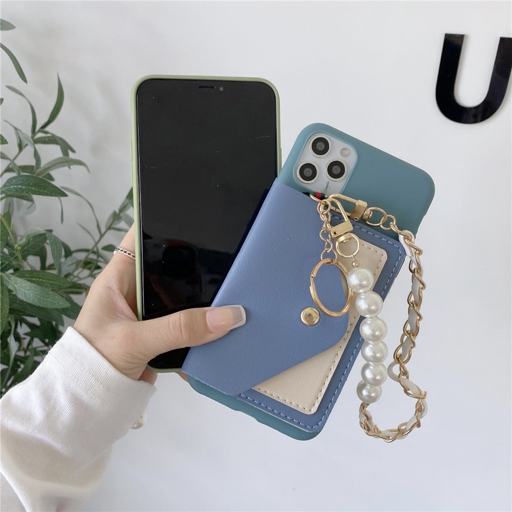 Anymob iPhone Case Green Pearl Bracelet Leather Card Package Soft Silicone Back Cover-Mobile Phone Cases-PEROZ Accessories