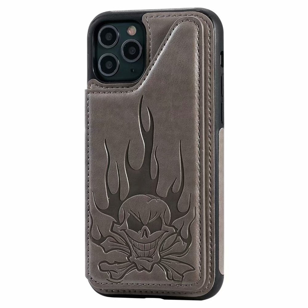 Anymob iPhone Case Gray Cartoon Skull Leather Wallet Flip Multi Card Holder Cover-Mobile Phone Cases-PEROZ Accessories