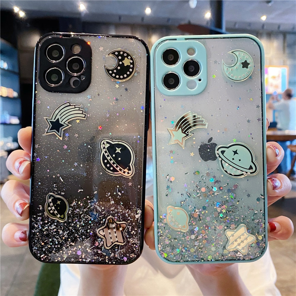 Anymob iPhone Case Black Cartoon Planet Glitter Soft Silicon Cover-Mobile Phone Cases-PEROZ Accessories