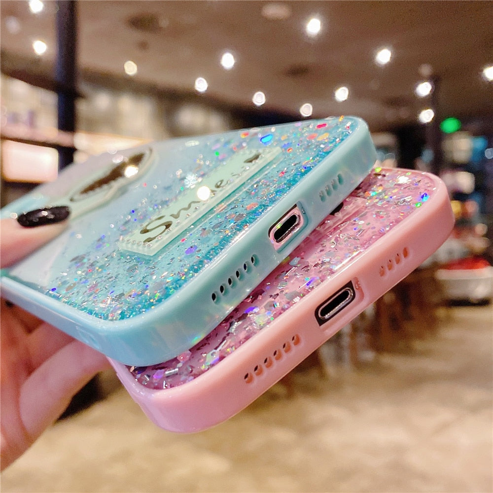 Anymob iPhone Case Sky Blue Love Heart Mirror Sequins Glitter Soft Silicone Cover-Mobile Phone Cases-PEROZ Accessories