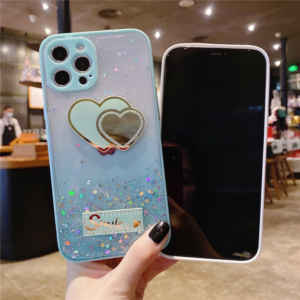 Anymob iPhone Case White Love Heart Mirror Sequins Glitter Soft Silicone Cover-Mobile Phone Cases-PEROZ Accessories