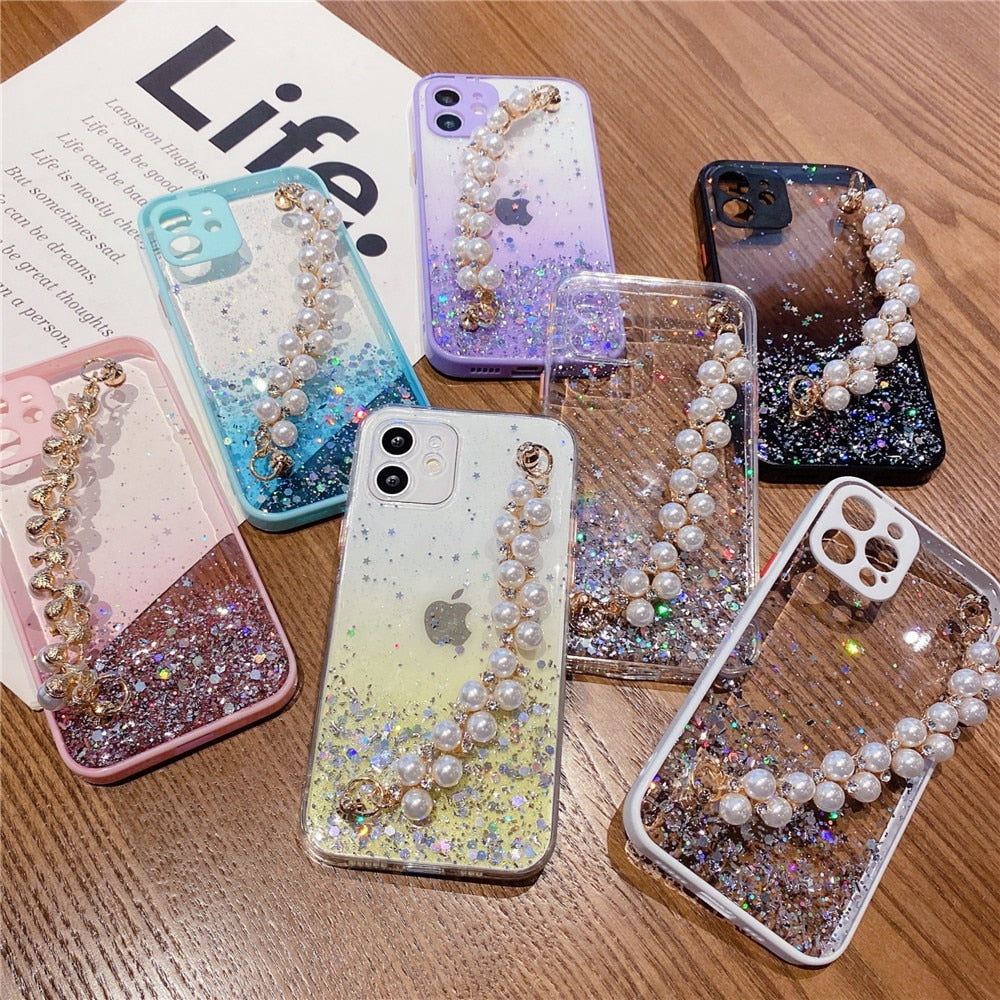 Anymob iPhone Case Sky Blue Pearl Bracelet Glitter Shockproof Camera Protection Cover-Mobile Phone Cases-PEROZ Accessories