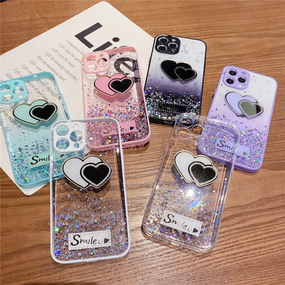 Anymob iPhone Case Purple Love Heart Mirror Sequins Glitter Soft Silicone Cover-Mobile Phone Cases-PEROZ Accessories