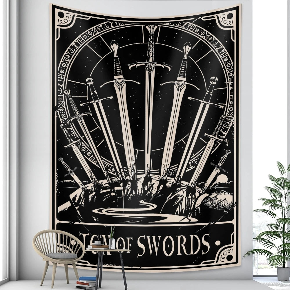 Anyhouz Tapestry Black Swords 150X130 cm Tarot Card Psychedelic Scene Art Hippie Bohemian Decoration Sheets-Tapestry-PEROZ Accessories