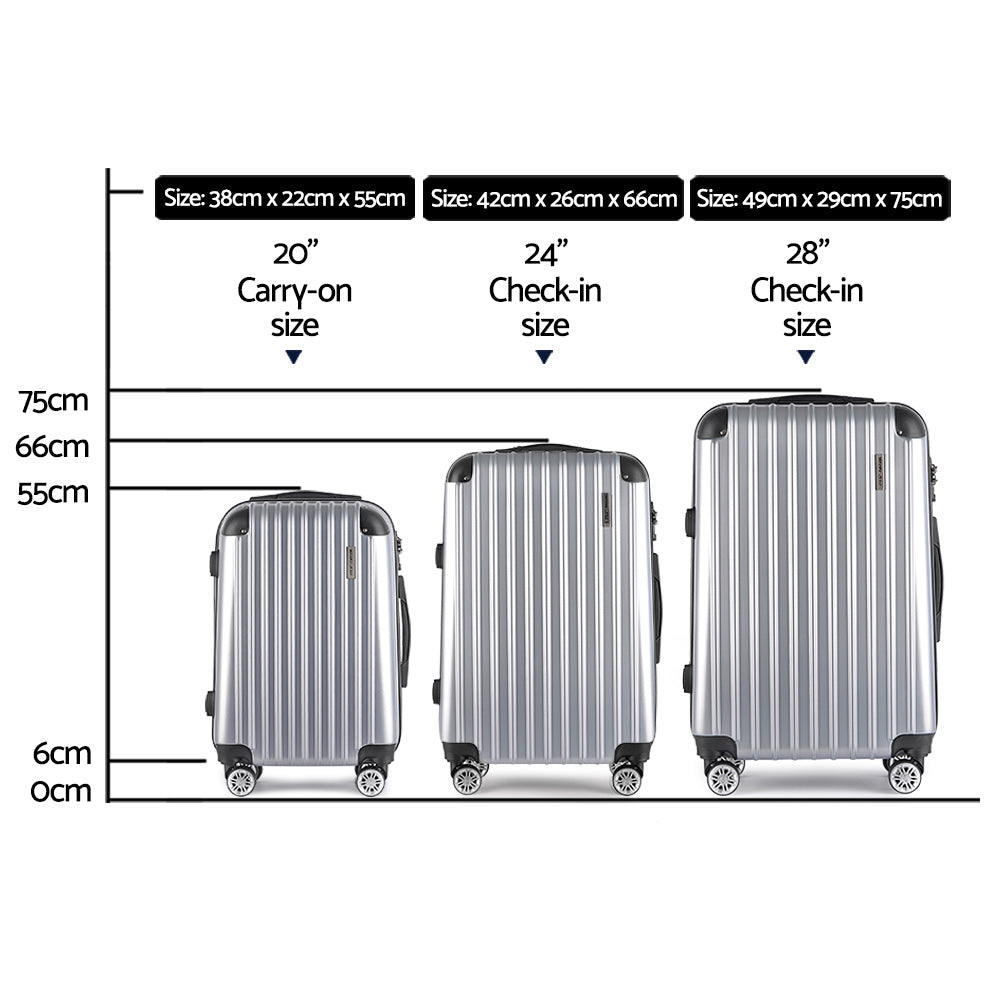 Wanderlite 3pc Luggage Trolley Travel Set Suitcase Carry On TSA Lock Hard Case Lightweight Silver-Luggage-PEROZ Accessories