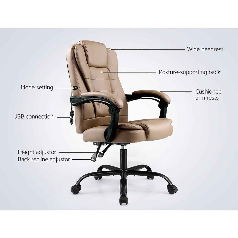 Artiss Massage Office Chair PU Leather Recliner Computer Gaming Chairs Espresso-Furniture &gt; Office - Peroz Australia - Image - 4