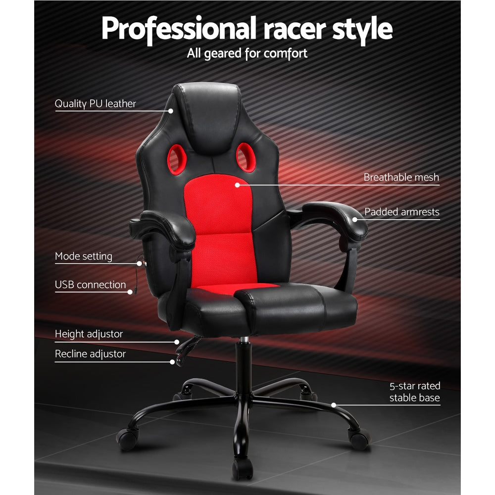 Artiss Massage Office Chair Gaming Computer Seat Recliner Racer Red-Furniture &gt; Office - Peroz Australia - Image - 3