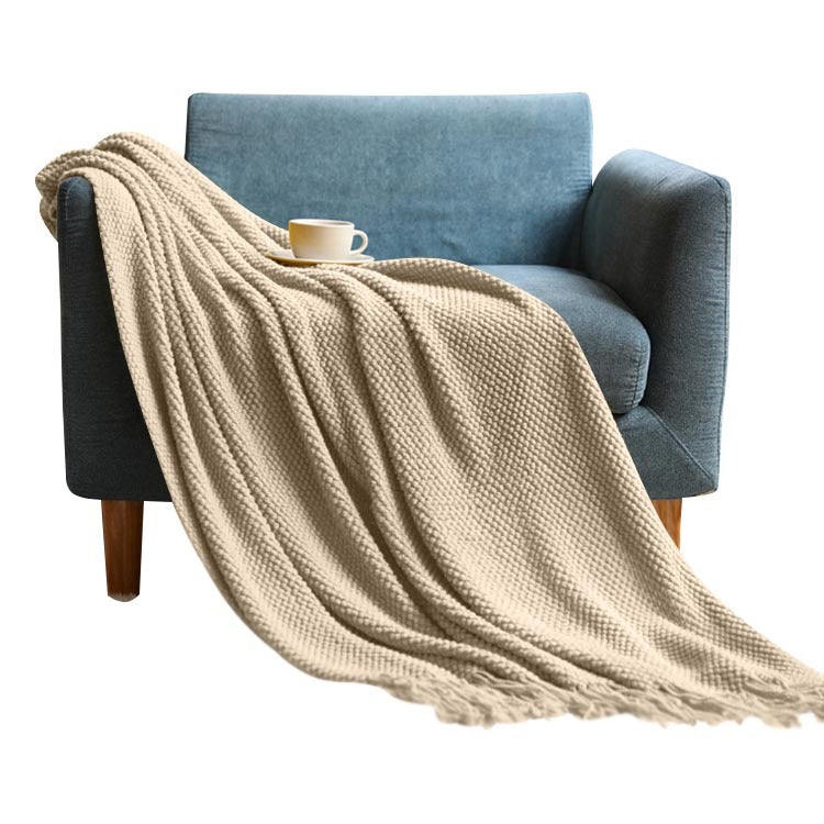 Anyhouz 127*172cm Khaki Blanket Home Decorative Thickened Knitted Corn Grain Waffle Embossed Winter Warm Tassels Throw Bedspread-Blankets-PEROZ Accessories