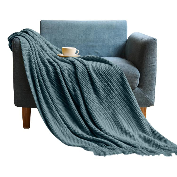 Anyhouz 130*230cm Morandi Blue Blanket Home Decorative Thickened Knitted Corn Grain Waffle Embossed Winter Warm Tassels Throw Bedspread-Blankets-PEROZ Accessories