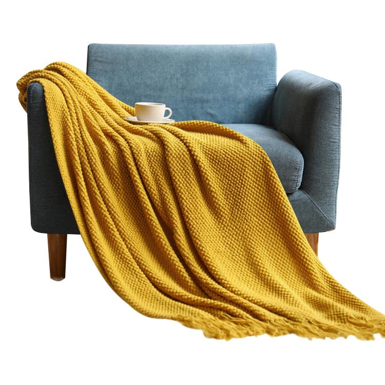 Anyhouz 127*172cm Yellow Blanket Home Decorative Thickened Knitted Corn Grain Waffle Embossed Winter Warm Tassels Throw Bedspread-Blankets-PEROZ Accessories