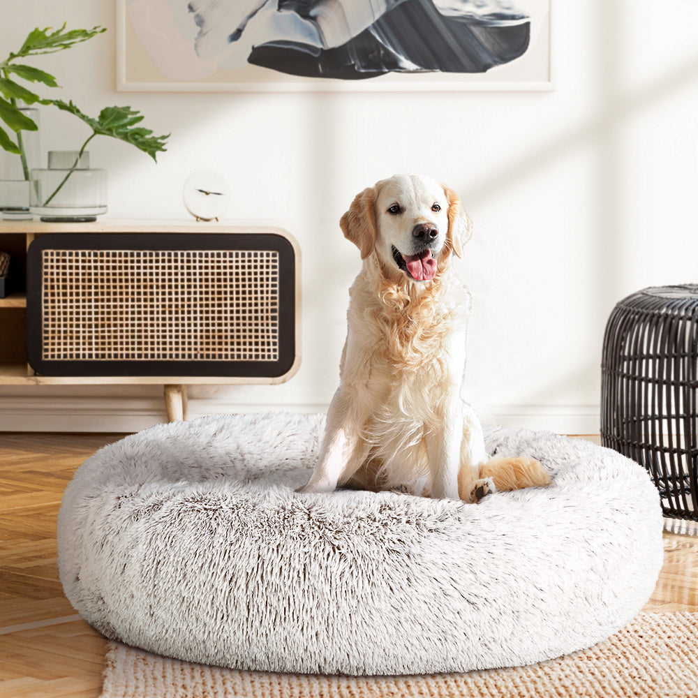 i.Pet Pet Bed Dog Cat 90cm Large Calming Soft Plush White Brown-Pet Beds-PEROZ Accessories