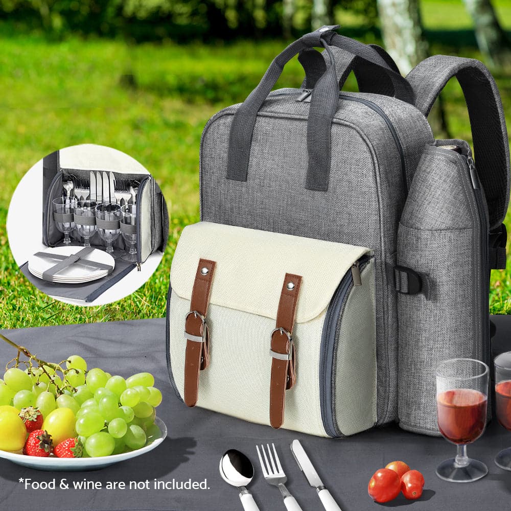 Alfresco Picnic Basket Backpack Set Cooler Bag 4 Person Outdoor Insulated Liquor-Outdoor &gt; Picnic-PEROZ Accessories