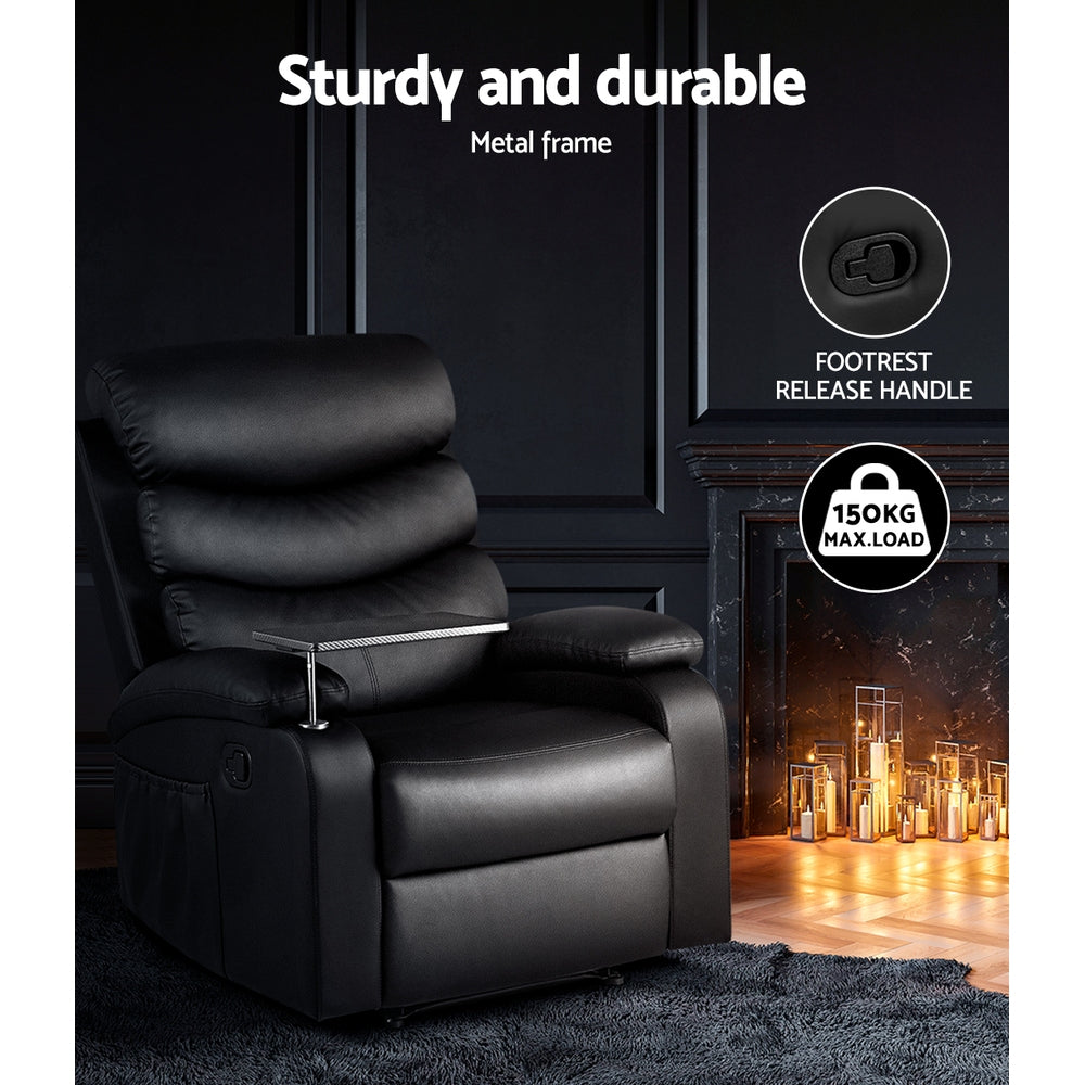 Artiss Recliner Chair Armchair Lounge Sofa Chairs Couch Leather Black Tray Table-Furniture &gt; Living Room - Peroz Australia - Image - 6