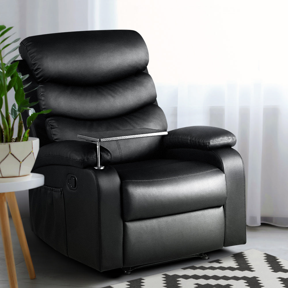 Artiss Recliner Chair Armchair Lounge Sofa Chairs Couch Leather Black Tray Table-Furniture &gt; Living Room - Peroz Australia - Image - 8