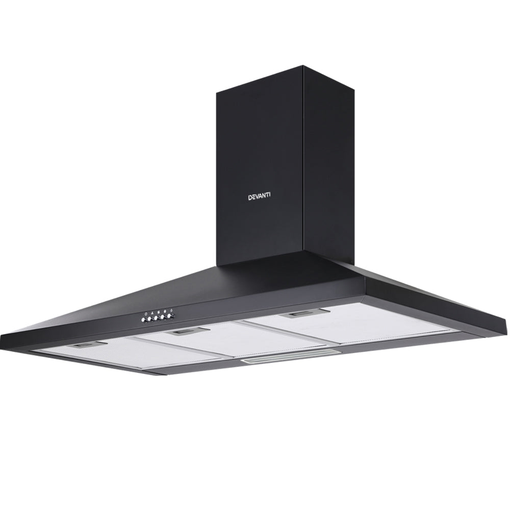 Devanti Range Hood Rangehood 90cm 900mm Kitchen Canopy LED Light Wall Mount Black-Appliances &gt; Kitchen Appliances-PEROZ Accessories