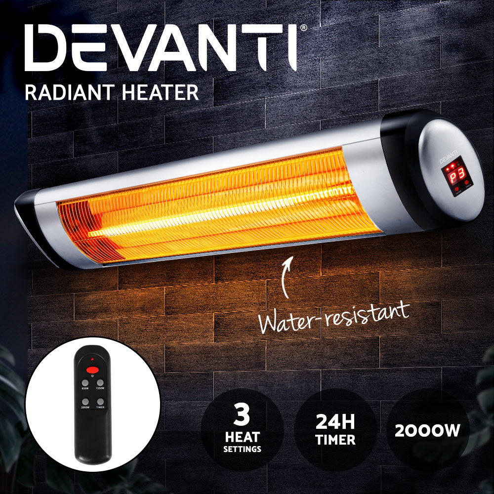 Devanti Electric Radiant Heater Patio Strip Heaters Infrared Indoor Outdoor Patio Remote Control 2000W-Heaters-PEROZ Accessories