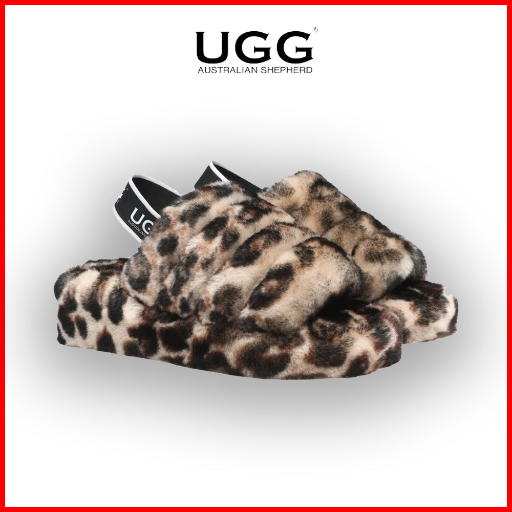 Australian Shepherd Leopard Print Fluffy Slides Sheepskin Wool Women Pamela-Slides-PEROZ Accessories