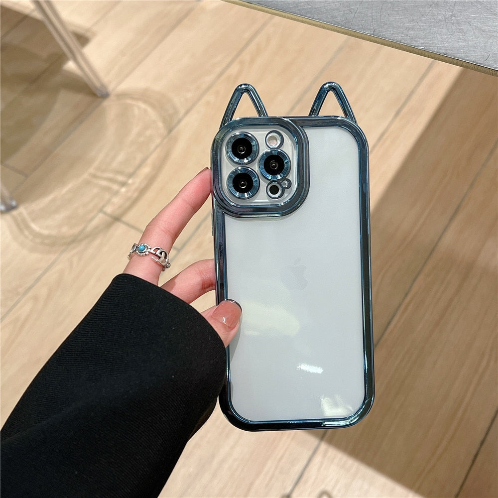 Anymob iPhone Case Blue Electroplating Cute Cat Ears Transparent Camera Protection Soft Cover-Mobile Phone Cases-PEROZ Accessories