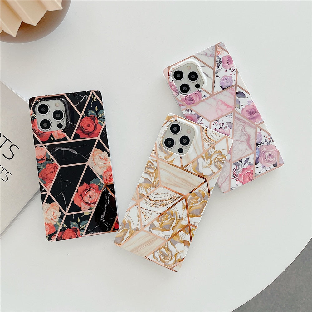 Anymob iPhone Case Purple Square Marble Geometric Flowers Soft Silicone Cover-Mobile Phone Cases-PEROZ Accessories