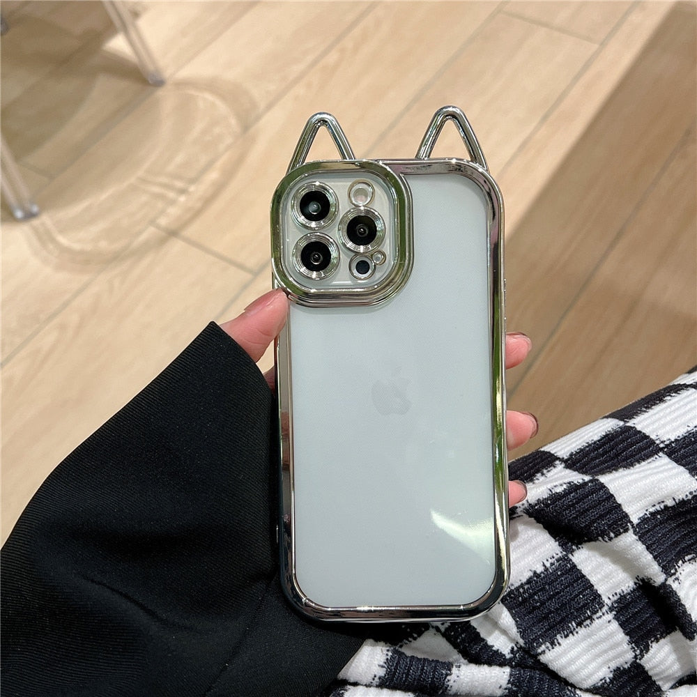 Anymob iPhone Case Blue Electroplating Cute Cat Ears Transparent Camera Protection Soft Cover-Mobile Phone Cases-PEROZ Accessories