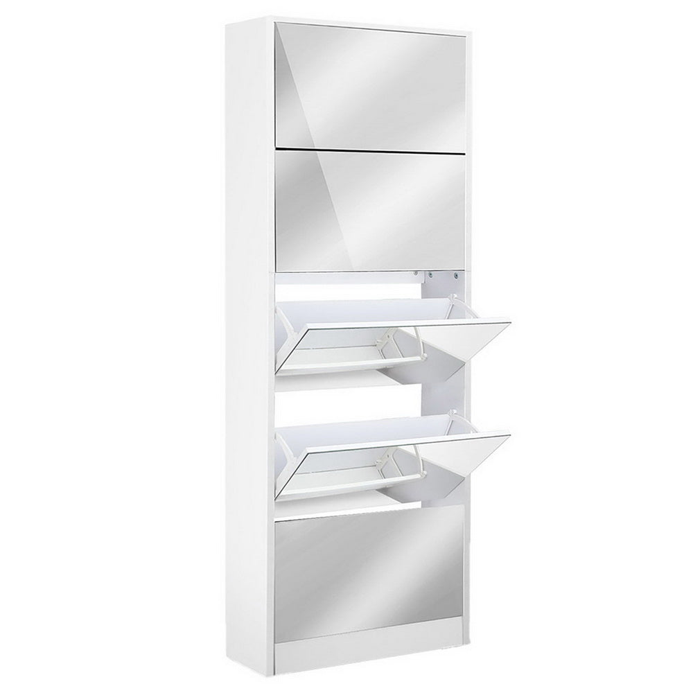 Artiss 5 Drawer Mirrored Wooden Shoe Cabinet - White-Home &amp; Garden &gt; Storage - Peroz Australia - Image - 2