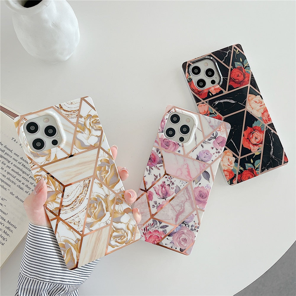 Anymob iPhone Case Purple Square Marble Geometric Flowers Soft Silicone Cover-Mobile Phone Cases-PEROZ Accessories