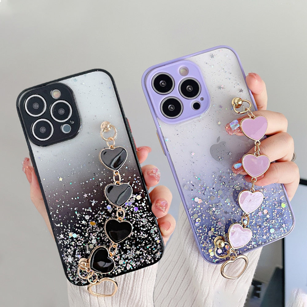 Anymob iPhone Case Turquoise Glitter Sequins Love Heart Bracelet Clear Soft Cover-Mobile Phone Cases-PEROZ Accessories