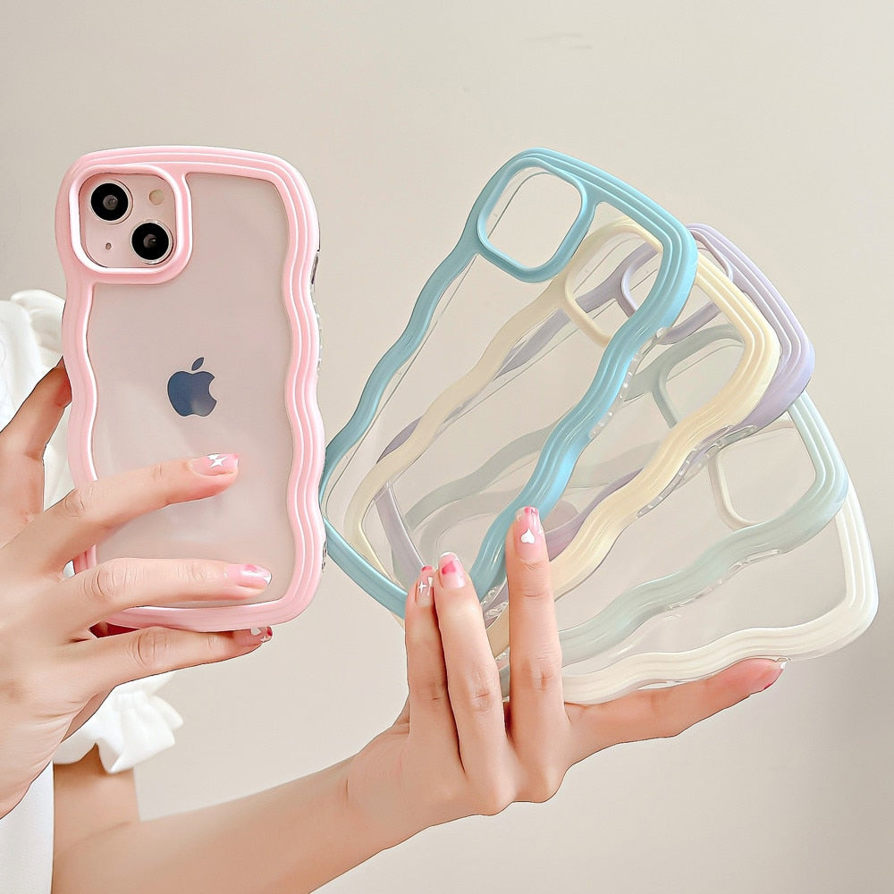 Anymob iPhone Case White Macaron Color Wavy Frame Crystal Clear Shockproof Soft Back Cover Bumper-Mobile Phone Cases-PEROZ Accessories