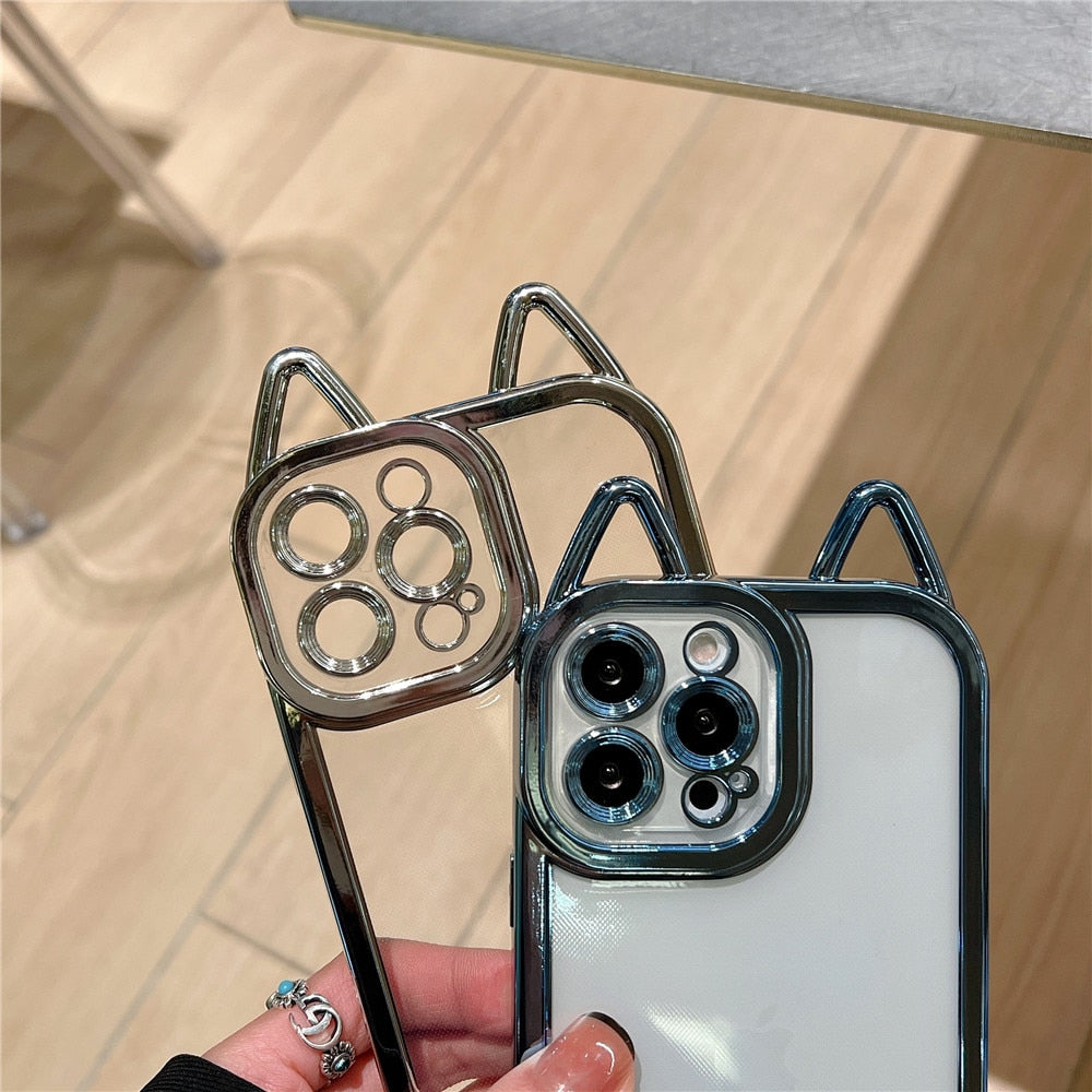 Anymob iPhone Case Blue Electroplating Cute Cat Ears Transparent Camera Protection Soft Cover-Mobile Phone Cases-PEROZ Accessories