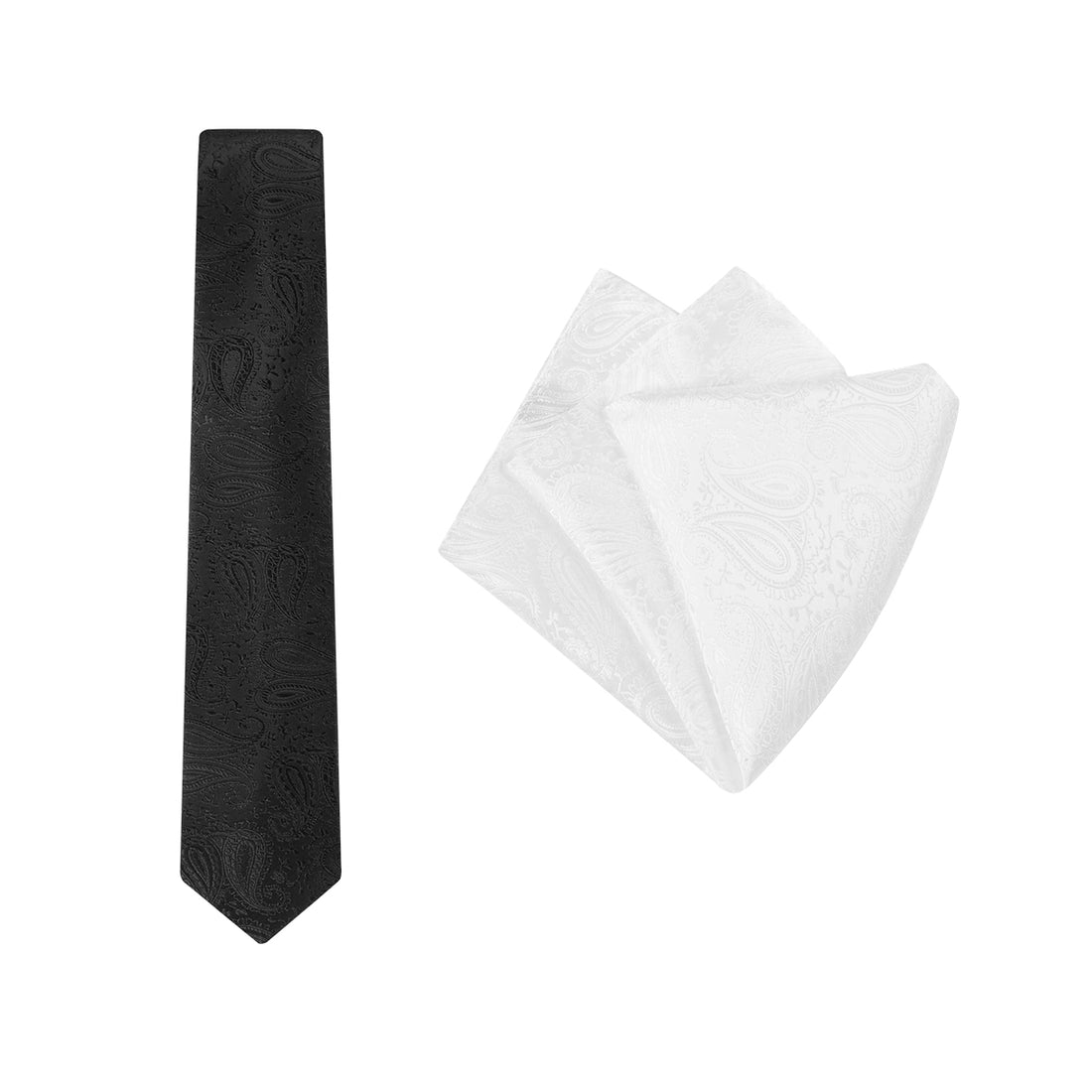 TIE + POCKET SQUARE SET. Paisley. Black/White. Supplied with a white pocket square.-Ties-PEROZ Accessories