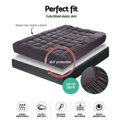 Giselle Queen Mattress Topper Pillowtop 1000GSM Charcoal Microfibre Bamboo Fibre Filling Protector-Home &amp; Garden &gt; Bedding-PEROZ Accessories