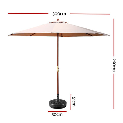 Instahut Outdoor Umbrella Pole Umbrellas 3M with Base Garden Stand Deck Beige-Home &amp; Garden &gt; Shading-PEROZ Accessories