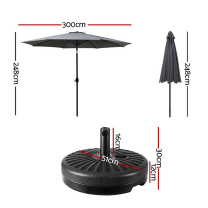 Instahut Outdoor Umbrella 3m Base Beach Pole Garden Tilt Sun Patio UV Charcoal-Home &amp; Garden &gt; Shading-PEROZ Accessories