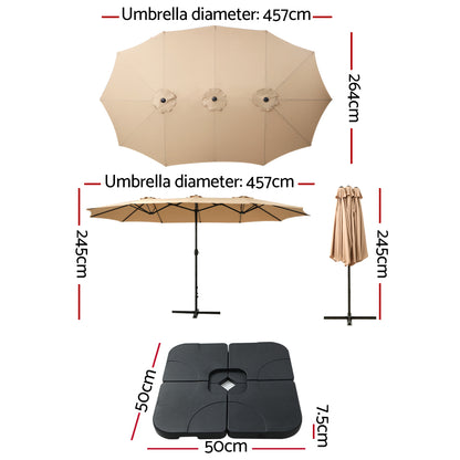 Instahut Outdoor Umbrella Beach Twin Base Stand Garden Sun Shade Beige 4.57m-Home &amp; Garden &gt; Shading-PEROZ Accessories