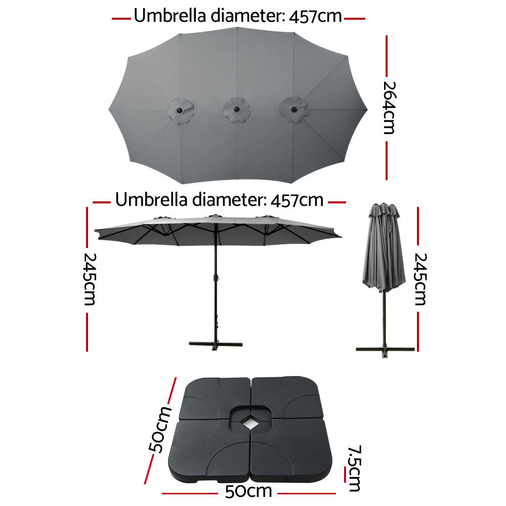 Instahut Outdoor Umbrella Beach Twin Base Stand Garden Sun Shade Charcoal 4.57m-Home &amp; Garden &gt; Shading-PEROZ Accessories