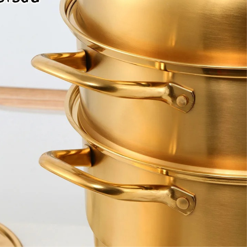 Anygleam Food Steamer Gold Three Layer Thick Stainless Steel Universal Cooking for Induction Cooker Gas Stove Steam Pot-Pots-PEROZ Accessories