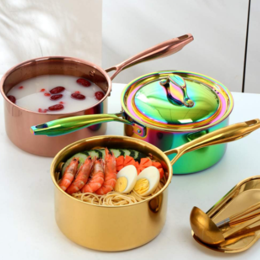 Anygleam Cookware Saucepan Gold 304 Stainless Stainless Milk Pot Soup Noodle Small Pot Dormitory Thickening with Lid Long Handle Induction-Pots-PEROZ Accessories