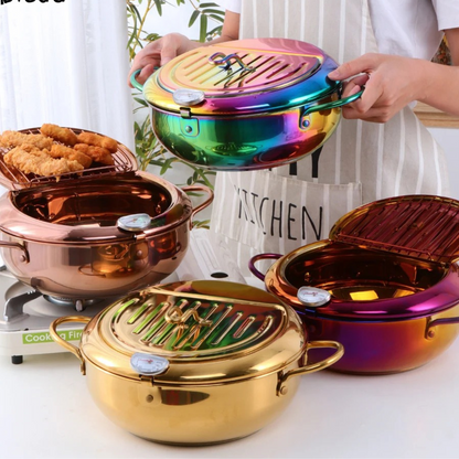 Anygleam Frying Pan Rainbow no.3 Stainless Steel Thermometer Kitchen Utensils Tempura Fryer Pan Temperature Control Fried Cooking Tools-Pots-PEROZ Accessories