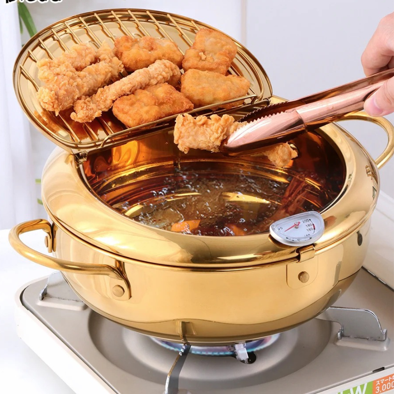 Anygleam Frying Pan Silver Stainless Steel Thermometer Kitchen Utensils Tempura Fryer Pan Temperature Control Fried Cooking Tools-Pots-PEROZ Accessories