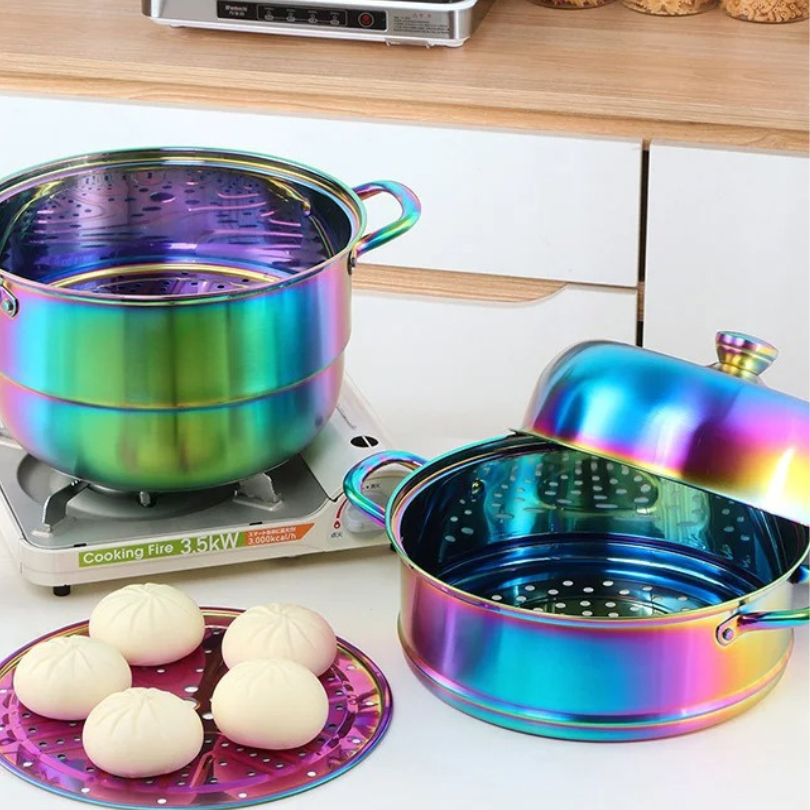 Anygleam Food Steamer Rainbow Three Layer Thick Stainless Steel Universal Cooking for Induction Cooker Gas Stove Steam Pot-Pots-PEROZ Accessories