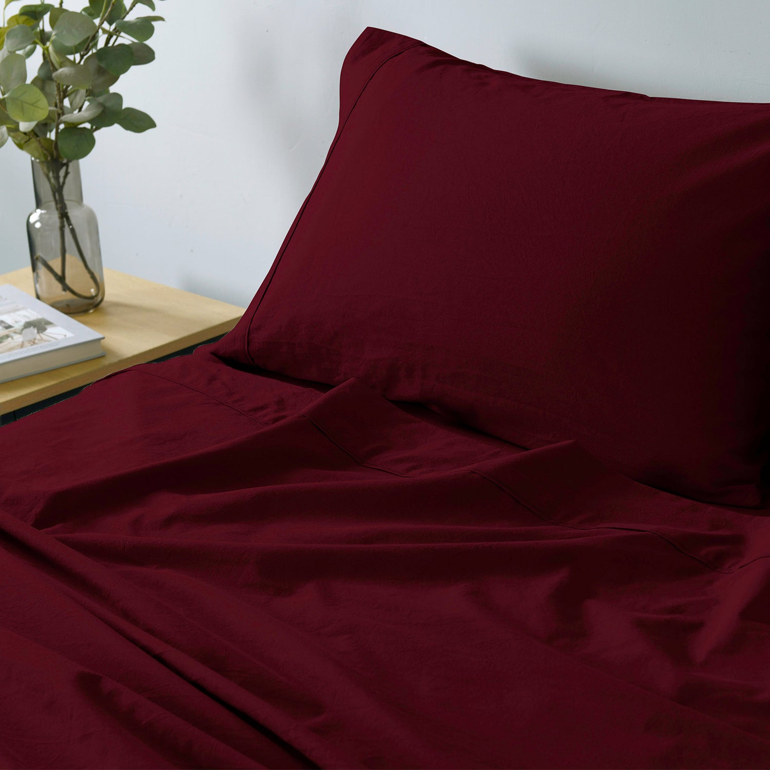 Royal Comfort Vintage Washed 100% Cotton Sheet Set Fitted Flat Sheet Pillowcases - Single - Mulled Wine-Home &amp; Garden &gt; Bedding-PEROZ Accessories