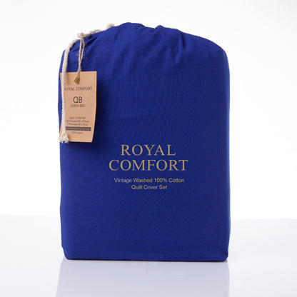 Royal Comfort Vintage Washed 100% Cotton Quilt Cover Set Bedding Ultra Soft - Double - Royal Blue-Home &amp; Garden &gt; Bedding-PEROZ Accessories