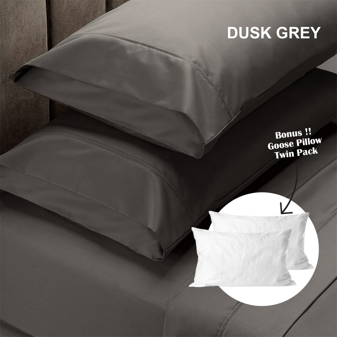 Royal Comfort 4 Piece 1500TC Sheet Set And Goose Feather Down Pillows 2 Pack Set - King - Dusk Grey-Home &amp; Garden &gt; Bedding-PEROZ Accessories