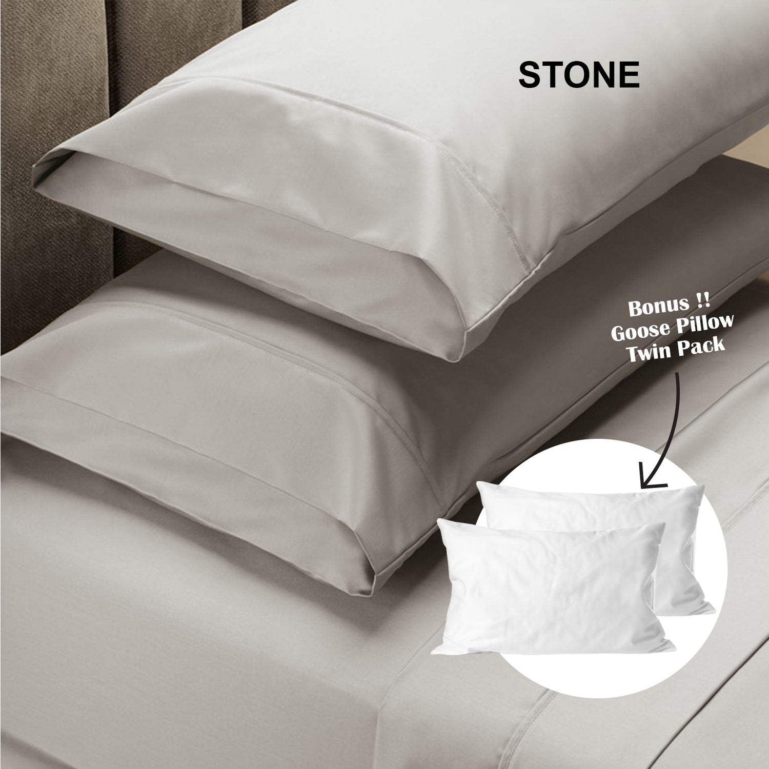 Royal Comfort 4 Piece 1500TC Sheet Set And Goose Feather Down Pillows 2 Pack Set - King - Stone-Home &amp; Garden &gt; Bedding-PEROZ Accessories