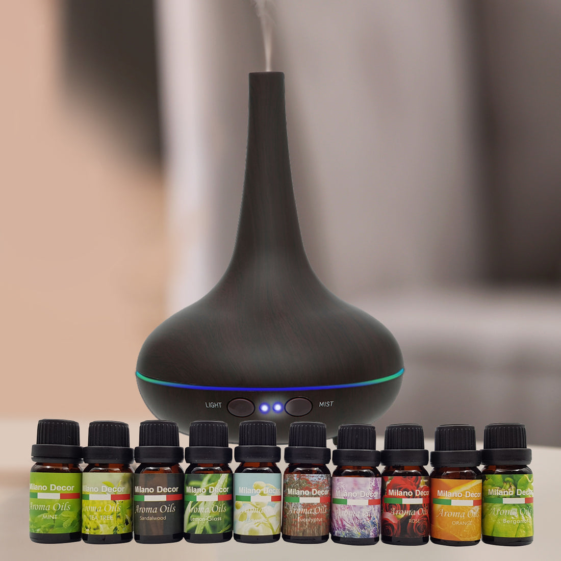 Milano Aroma Diffuser Set With 13 Pack Diffuser Oils Humidifier Aromatherapy - Dark Wood-Aroma Diffusers &amp; Humidifiers-PEROZ Accessories