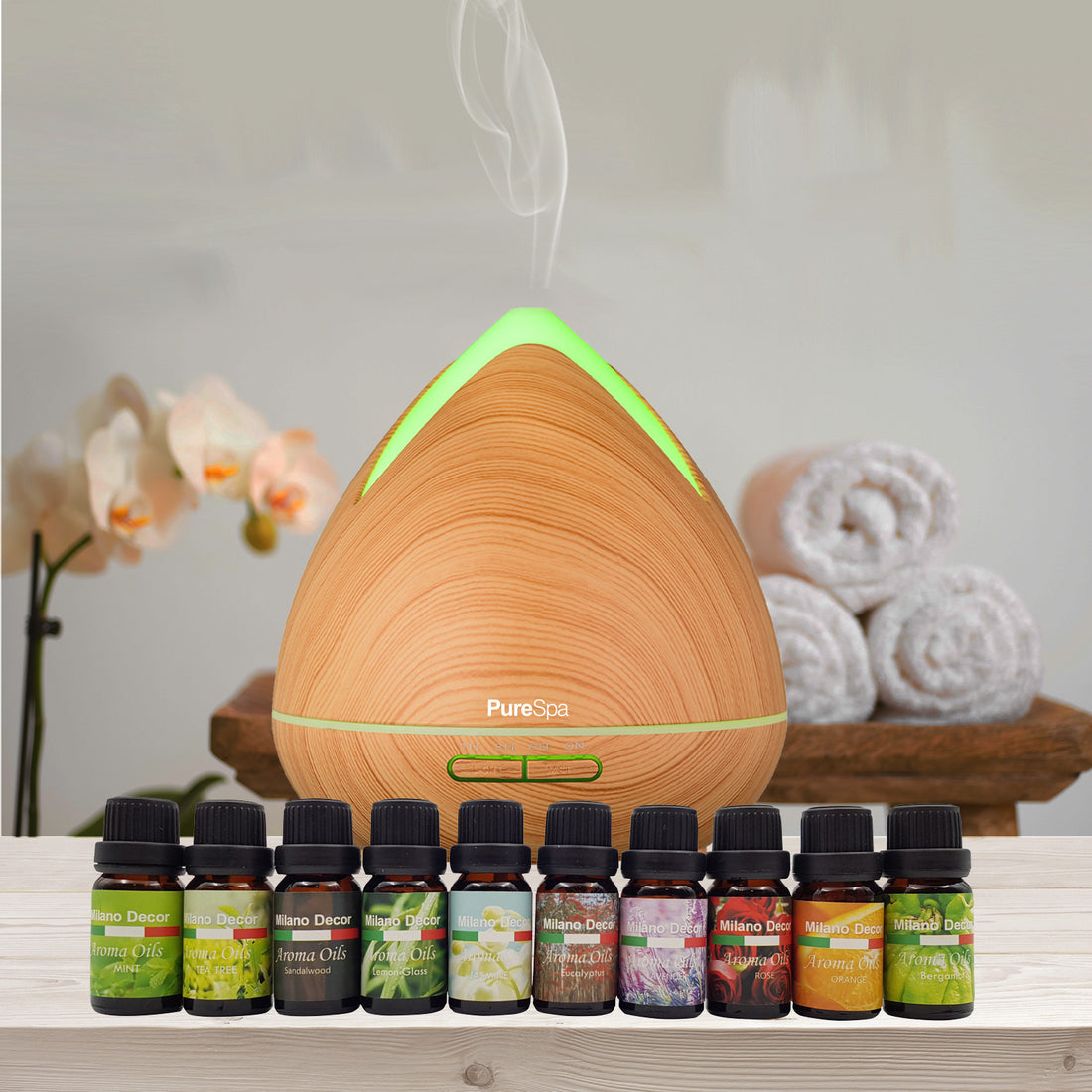 Purespa Diffuser Set With 10 Pack Diffuser Oils Humidifier Aromatherapy - Light Wood-Aroma Diffusers &amp; Humidifiers-PEROZ Accessories