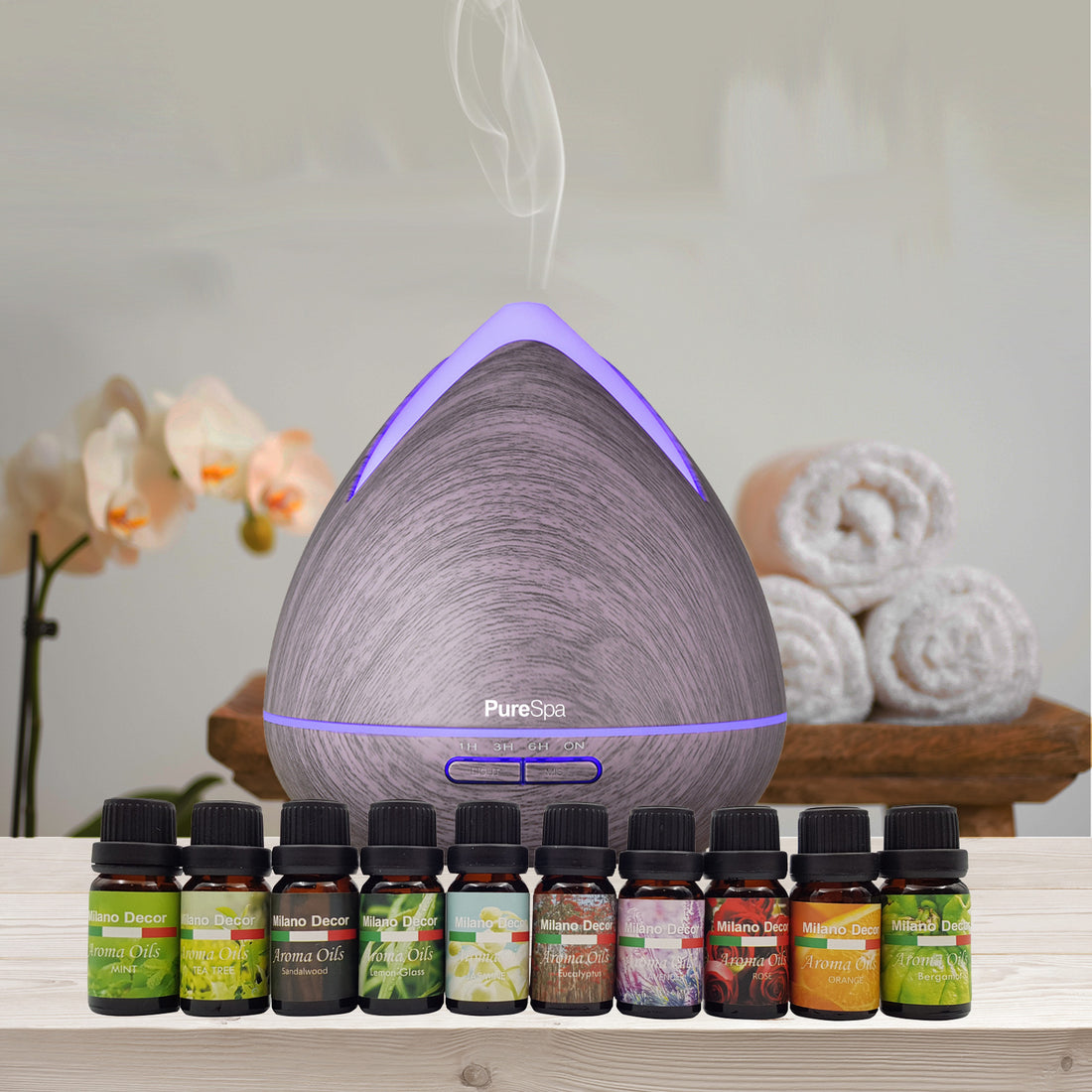 Purespa Diffuser Set With 10 Pack Diffuser Oils Humidifier Aromatherapy - Violet-Aroma Diffusers &amp; Humidifiers-PEROZ Accessories