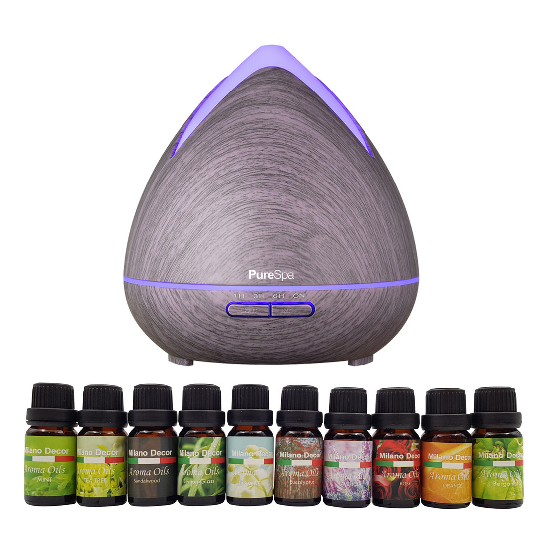 Purespa Diffuser Set With 10 Pack Diffuser Oils Humidifier Aromatherapy - Violet-Aroma Diffusers &amp; Humidifiers-PEROZ Accessories